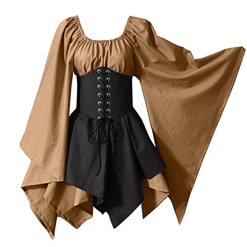 Robe manches trompette style médiéval et gothique avec corset ajustable noir