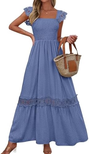 PRETTYGARDEN Women's Smocked Summer Maxi Dresses 2026 Ruffle Cap Sleeve Square Neck Lace Detail Flowy Sundress with Pockets