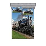 Ambesonne Steam Engine Bedding Set with Sheet & Covers, Vintage Locomotive in Countryside Scenery Green Grass Puff Train Picture, Printed Bedroom Decor 2 Shams, Full, Blue Green