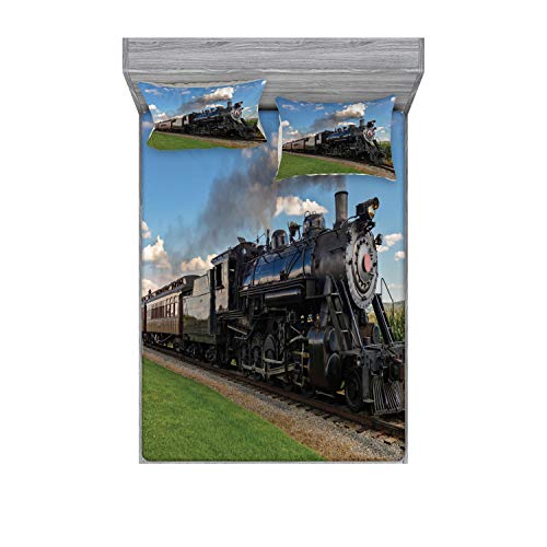 full size steam engine - Ambesonne Steam Engine Bedding Set with Sheet & Covers, Vintage Locomotive in Countryside Scenery Green Grass Puff Train Picture, Printed Bedroom Decor 2 Shams, Full, Blue Green