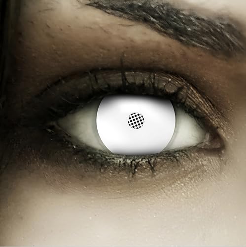 FXCONTACTS Jahreslinsen Weiß FROZEN ZOMBIE + Tattoos + Kontaktlinsenbehälter 2 Stück (1 Paar) farbige Kontaktlinsen ohne Stärke weich ideal für Halloween Cosplay Karneval & Fasching