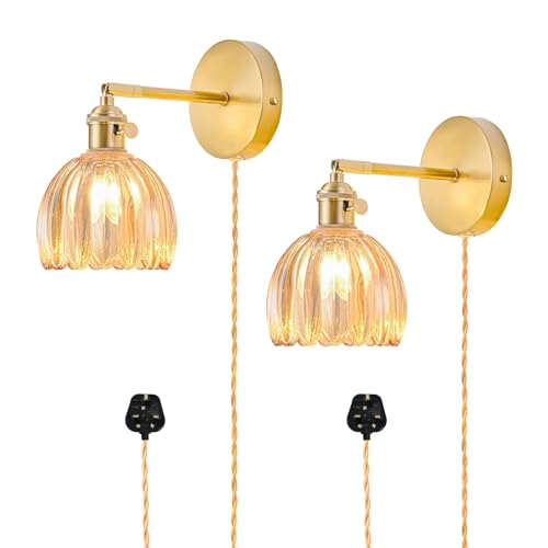 NETHCUEL Plug in Wall Sconces Set of 2, Vintage Wall Lights with Tulip Amber Glass Lampshade, 180° Adjustable Wall Light with Switch and Plug in Wall Lamp Cord, Light Bulb Not Included
