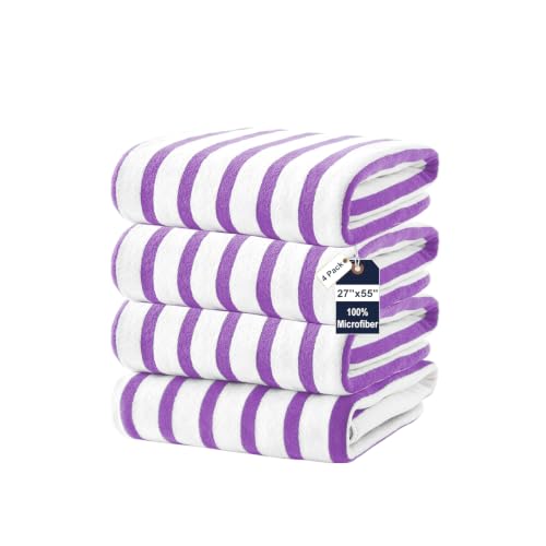 JML Microfiber Beach Towels, 4 Pack, 27" x 55", Cabana Stripe Purple