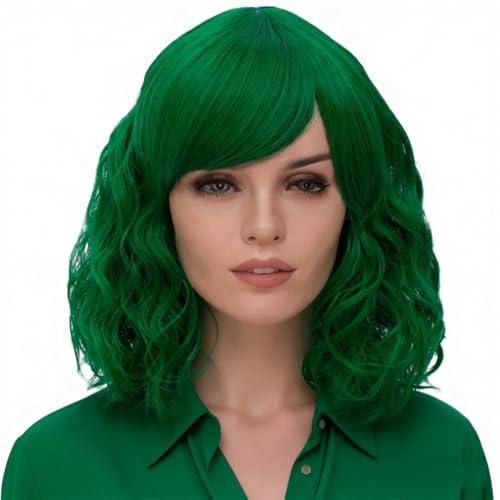 Perruque verte courte bob avec bonnet pour cosplay et halloween