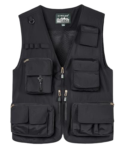 KTWOLEN Herren Anglerweste Sommer Leicht Schnelltrockenweste Funktionsweste Outdoor Fotografie Hundesport Weste Ärmellos Safari Weste mit Viele Taschen, Schwarz, L
