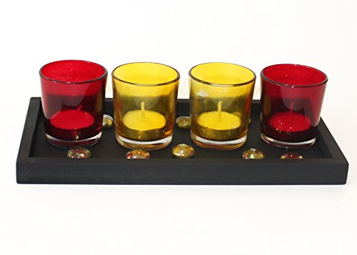 Tied Ribbons Pack Of 4 Votive Glass Tealight Candle Holder With Wooden Tray - Votive Tealight Candle Holders For Table Centerpiece Wedding, Parties, Living Room Decor Home Lighting Decoration #TOP2