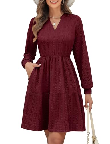 PASUDA Robe Femme Tricot Chic et Elegant Automne Hiver Tunique Midi Robe Manches Longues Doux Col en V Tenue Swing A-Ligne Taille Élastique Couleur Unie Décontractée Fête avec Poches (Bordeaux, L)