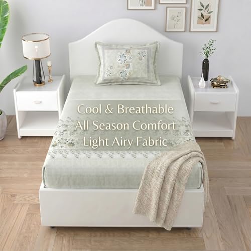 Image of Mafatlal 186 TC Spring Glory Graceful Pure Cotton Single Flatsheet (60 x 90 Inch) | Breathable Summer Comfort | Wrinkle-Free Floral Bedsheet with 1 Pillow Cover, Floral Green
