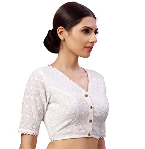 Image of Studio Shringaar Women's Readymade Natural Cotton Elbow Length Sleeves Chikankari Saree Blouse