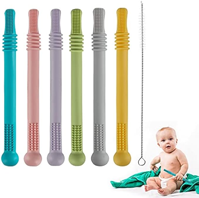 Hollow Teether Tubes, 6 Pack Chew Straw Toy for Infant Toddlers Silicone Teething Toys for Babies 3-12 Months BPA Free/ Freezable/ Dishwasher and Refrigerator Safe