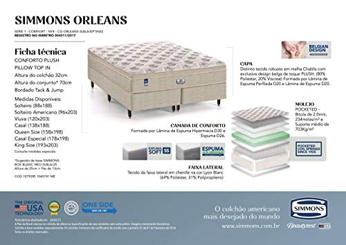 COLCHÃO SIMMONS ORLEANS SOLTEIRO 0,88 x 1,88