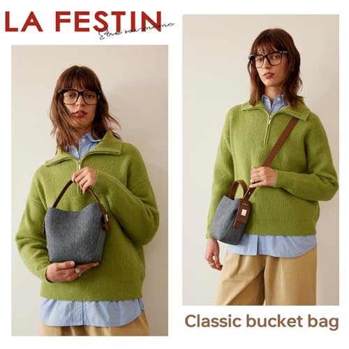 Image of LA FESTIN Leather Bucket Bags for Women - Adjustable Long Strap Designer Crossbody Handbags, Shoulder Purse for Everyday Use