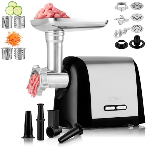 ZEEGMA Molen Chef Tritacarne Elettrico Per Carne, 1200 W, con 3 piastre di molatura in acciaio inox, 1,8 kg/min, Macchina Per Salsicce, Kubbe, Sminuzzamento, Funzione REV, Kit di accessori