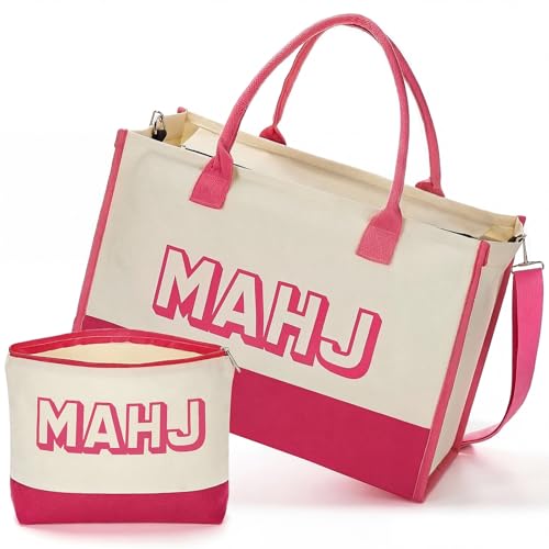 Hsei 2 Pcs Mahjong Bags for Tiles and Rack Mahjongs Tote Bag Gift Set Thickened Canvas Mahjong Carrying Tote Bag with Detachable Shoulder Strap Zipper for Mother's Day Women Mah Jong Lover Gift(Pink)