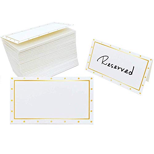 100 Place Cards with Gold Polka Dots | 2 x 3.5 Inches Small Tent Cards | Name Cards for Table Setting - Dinner Party Buffet Weddings Baby Shower Bridal Shower Business Food