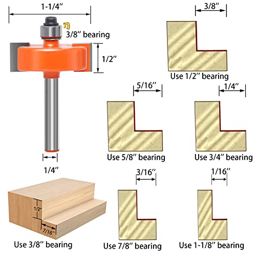 Promsa 1/4 Inch Shank Rabbet Router Bits, 2Pcs Carbide Rabbeting Router Bit Set With 5 Bearings Set (1/2", 5/8", 3/4", 7/8", 1-1/8") (1/4 Inch Router Bit Set) #TOP1
