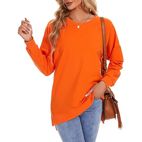 Custer's Night Women's Long Sleeve Sweatshirts Side Split Loose Casual Pullover Tunic Tops (Orange, M) Cover