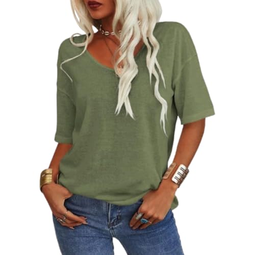 Tranquilm Women's Solid Color V-Neck T-Shirt Women's 3/4 Sleeve Shirts V Neck Loose Fitting Tops (Green,M)