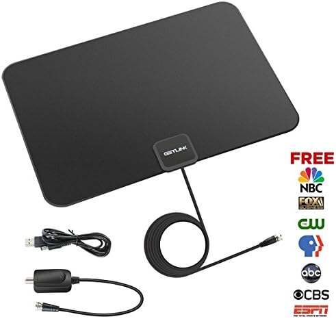 Getlink Amplified Digital Indoor TV Antenna - 50 Miles Range with Detachable Amplifier 10ft Coaxial Cable (Black)