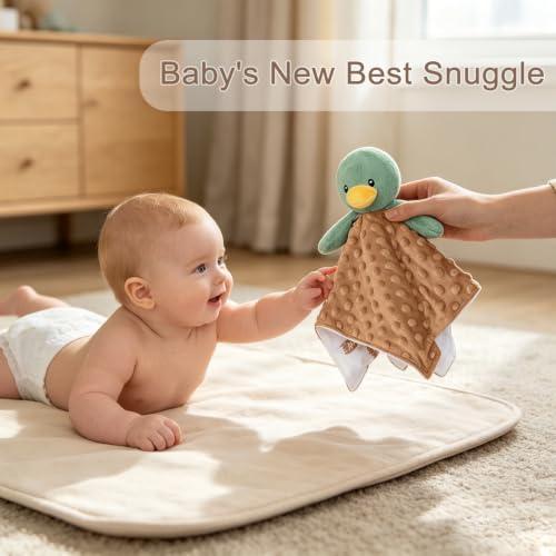 Image of Baby Security Blanket Soft Baby Lovey Unisex Lovey Shower Gifts for Newborn Boys and Girls Snuggle Toy Mallard Duck Stuffed Animal Green 14 Inch