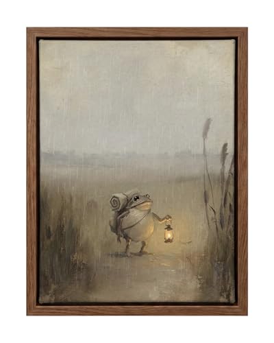 Whimsical Frog Framed Canvas Wall Art 12x16 Inch – Vintage Rainy Night Traveler with Lantern Painting – Cozy Cottagecore Woodland Neutral Wall Decor for Bedroom, Office or Reading Nook