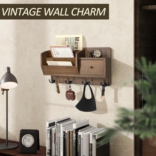 Rebee Vision Key Holder Wall Mount - Mail Organizer Wall Mount with Storage Hooks and Drawer for Modern Farmhouse Decor - Mail Organizer Wall Mounted for Rustic Apartment Essentials (Brown) by Rebee Vision - Image 5