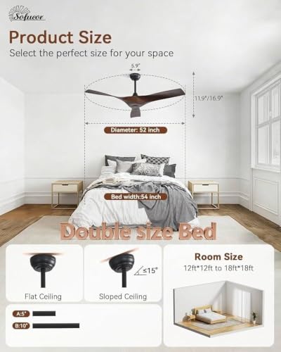 Image of Sofucor 52 Inch Smart Ceiling Fan No Light, Modern Ceiling Fan with 3 Plastic Blades, Compatible with Alexa /Google /App, 6 Speeds 4500CFM, Timer Quiet Reversible DC Motor, ETL /FCC