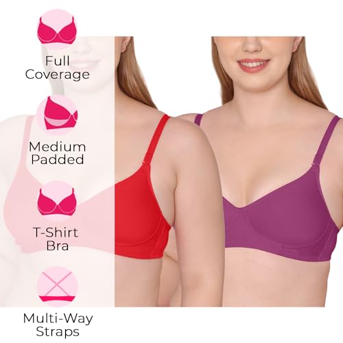 Image of Tweens - Medium Padded Cotton Rich Bra - Full Coverage, Seamless, Multiway Straps, Wirefree Everyday T-Shirt Bra (Pack of 2)