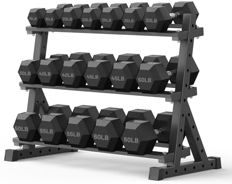PAPABABE Hex Dumbbell Set with Rack, Rubber Encased Free Weight w...