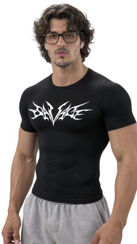 luxenbourg Mens Gym Devil Bat Logo Compression T-Shirt | Polyester Half Sleeve Sports Wear and Rash Guard for Training Workout and Athletic Activewear | Black-picture-35