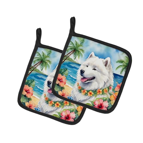 Caroline's Treasures Samoyed Luau Pair of Pot Holders Kitchen Heat Resistant Pot Holders Sets Oven Hot Pads for Cooking Baking BBQ, 7 1/2 x 7 1/2