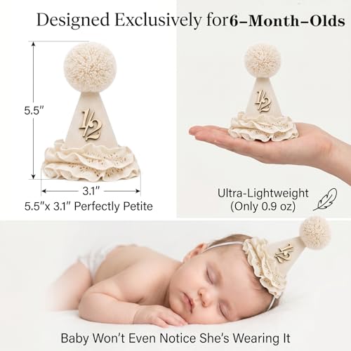 Packyouth Lace 1/2 Birthday Hat for Baby Girls – Beige Princess Crown for Average to Large 6 Month Heads | Cake Smash Photo Prop | Adjustable Keepsake Hat(COLOR-4, 1/2) — view 5