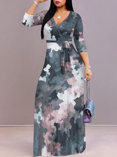 Image of Plus Size Dresses for Women Print Maxi Dresses 3 /4 Sleeve with Belt