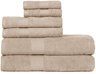 Ample Decor Bathroom Towel Set of 6 - 2 Hand Towel, 2 Bath Towel, 2 Wash Cloths - Oeko Tex Certified 600 GSM 100% Cotton - Machine Washable Quick Drying, Ideal for Gifting - Beige