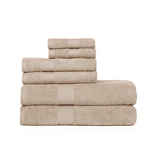 Ample Decor Bathroom Towel Set Of 6 - 2 Hand Towel, 2 Bath Towel, 2 Wash Cloths - Oeko Tex Certified 600 Gsm 100% Cotton - Machine Washable Quick Drying, Ideal For Gifting - Beige #TOP5