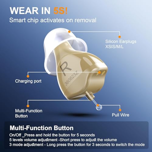 Hearing Aids for Seniors, Invisible Hearing Amplifiers with Noise Cancelling, Rechargeable Hearing Aids for Severe Hearing Loss Adults, Comfort In-ear Hearing Devices (Black skin)