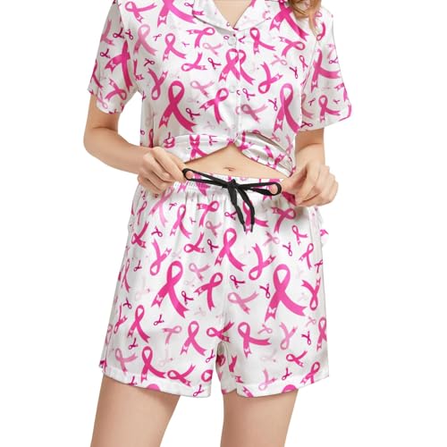 Image of Silk Satin Pajama Set for Women Summer Lounge Pjs Sets 2 Piece Suit Ladies Button Down Tops And Shorts Sleepwear