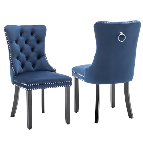 Image of Velvet Dining Chairs, Tufted Kitchen & Dining Room Chairs, Blue, Set of 2