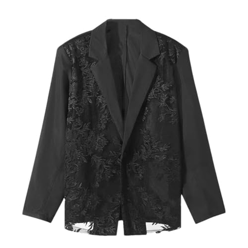 Men Transparent Mesh Blazer Patchwork Lace Lapel One Button Casual Street Coat - Main Image