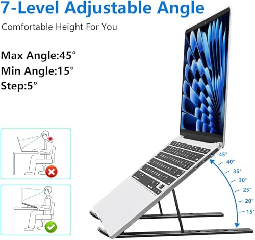 Tukzer (Imported Foldable Laptop Stand Riser for Laptop, MacBook, Notebook & Tablets up to 17 Inch, 7 Level Height Angle Adjustment, 2X Stronger M-Shape Aluminum Silicone Pads Air Ventilation-Black