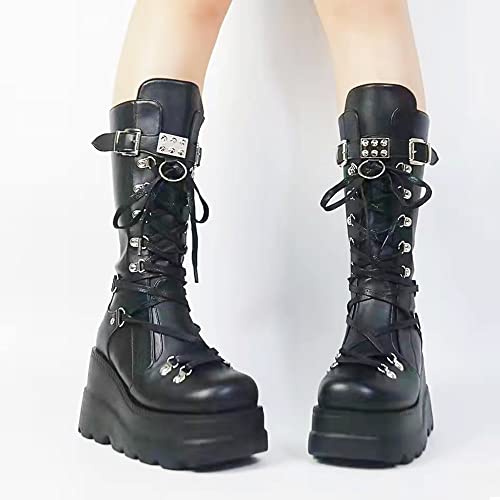 Image of Gothniero High Platform Knee Boots Chunky Heel Wedge Black Boots For Women Combat Goth Punk Motorcycle Booties Zip up With Metal Buckles Size5-11