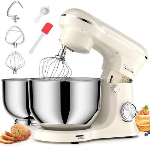 Vezzio Küchenmaschine 1500W, Rührmaschine mit Doppel-Edelstahlschüsseln (5QT + 6QT), 10 Stufen, Elektrischer Teigkneter mit Schneebesen, Knethaken & Rührbesen, Für Backen & Kochen