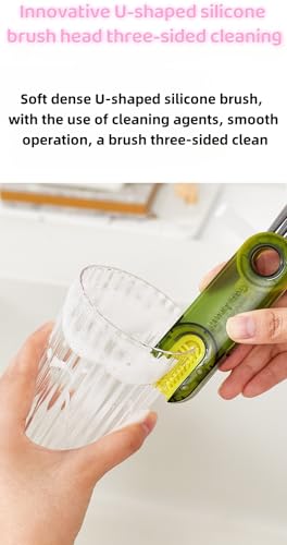 Image of Multi-Purpose U-Shaped Silicone Cup Brush, Transparent Green, Stainless Steel Bristles, Cup and Bottle Cleaner with Ice Mold Cleaning