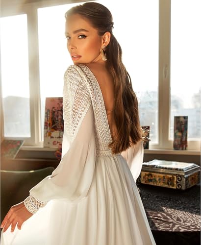 Boho Puffy Long Sleeve Wedding Dress V-Neck Chiffon Beach Bridal Gowns4