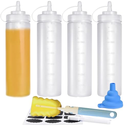 CafullCon 4 Stück 800ML QuetschFlasche, Breiter Mund Saucenflasche mit Schwamm Flaschenbürste und Trichter, Wiederverwendbar groß Kunststoff Squeeze Flaschen für Ketchup Condiment Pigment Saucen Malen