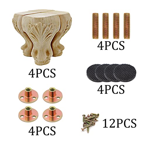 Inknote Solid Unfinished Wood Furniture Legs European Style Solid Wood Carving Furniture Replacement Feet For Sofa Cabinet Wardrobe Table Loveseat Couch Ottoman Loveseat Coffee Table(4" Set Of 4) #TOP6