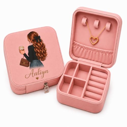 Image of Mini Jewellery Organizer with free heart pendent for Women - Custom Name Special Jewelry Storage Box, PU Leather Travel Case pink box
