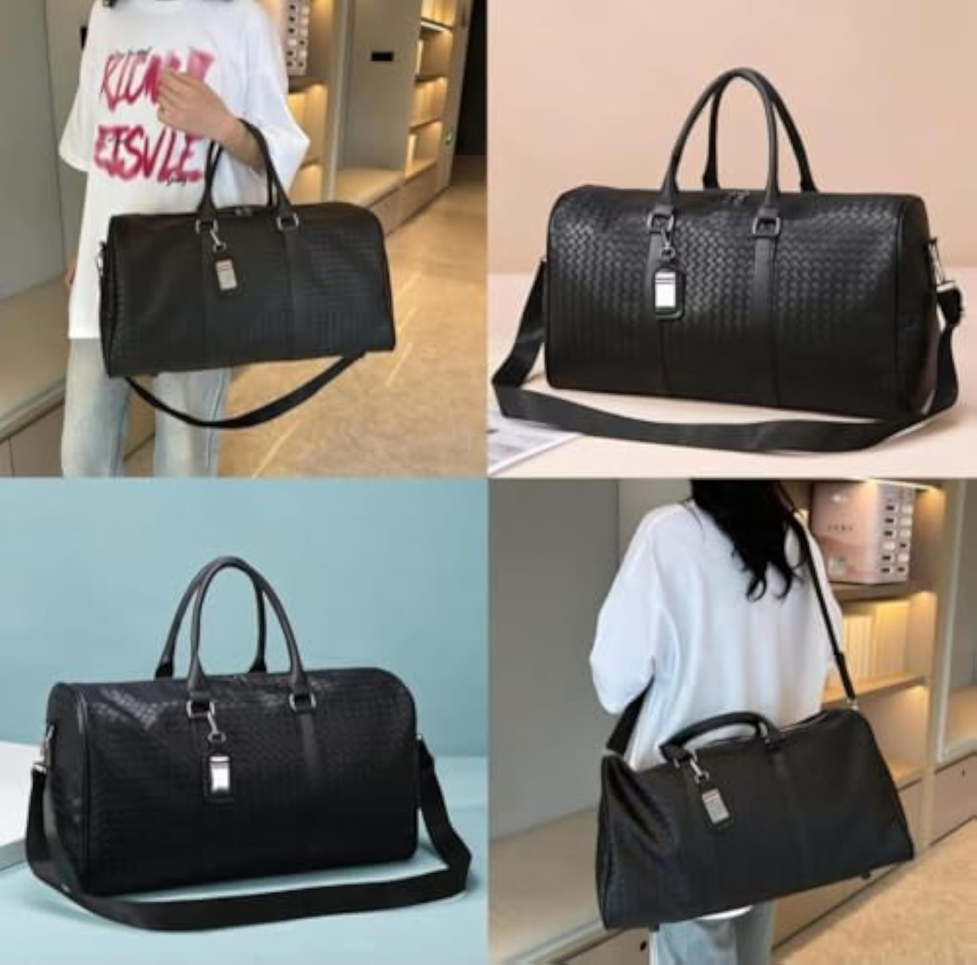 Premium Black Textured Vegan Leather Travel Duffle Bag, Large Capacity