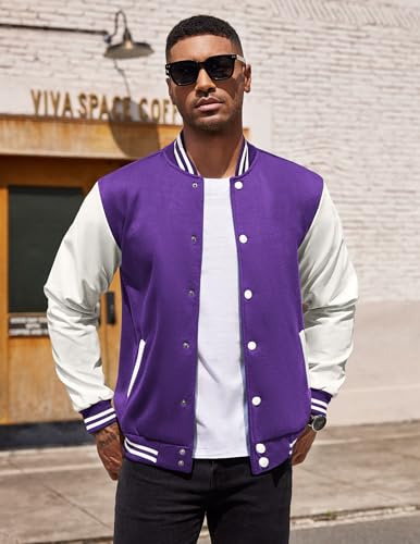 COOFANDY Mens Fashion Varsity Jacket Casual High School College Baseball Jackets Hipster Purple Medium