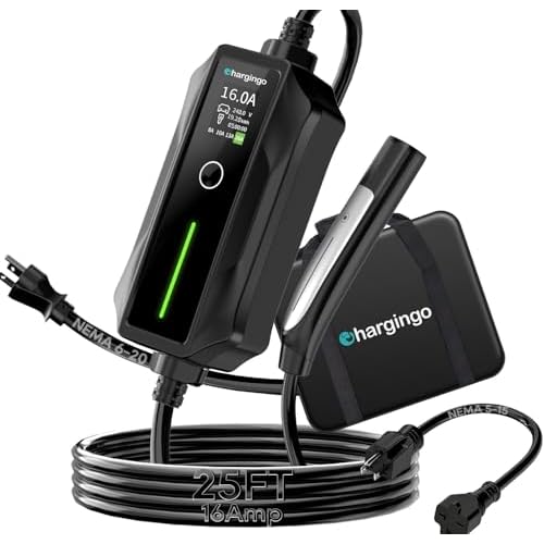 Level 1/2 Portable EV Charger for Tesla Model Y/3/S/X, Home 240V 16A (NEMA 6-20) & 120V 12A(NEMA 5-15 Adapter), Adjustable 8-16A, NACS, 25ft Cable, ET